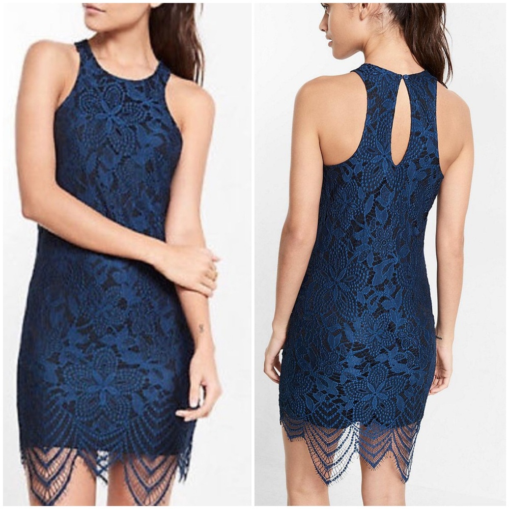 Express Blue Floral Lace Contrast Dress